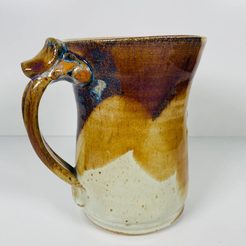 Vintage 80s Handmade Pottery Coffee Mug Brown Yellow Abstract Signed